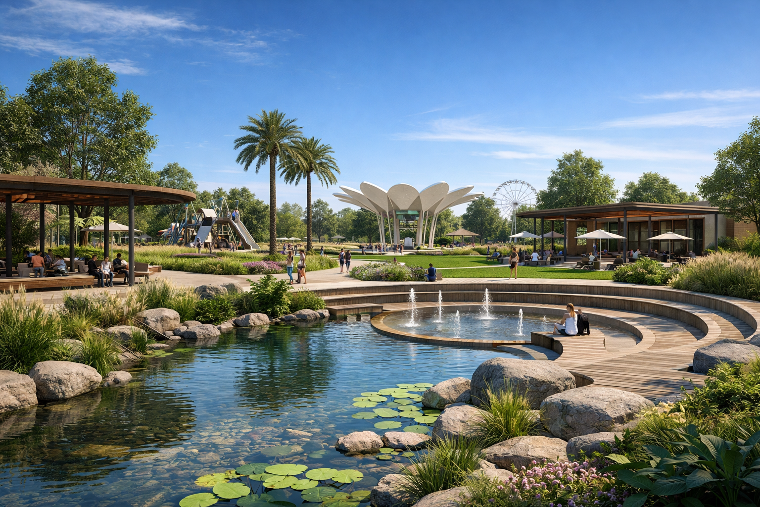 Public Park Design with play areas and walking trails